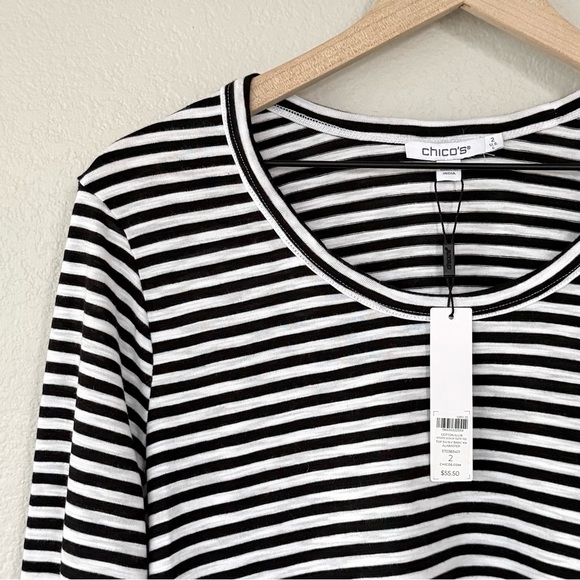 CHICO’S NWT 2 / Women’s L Striped Slub 3/4-Sleeve Tee • Cotton Modal Black White - Picture 2 of 10